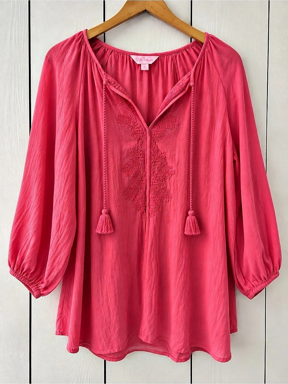Lilly Pulitzer Pink Embroidered Peasant Blouse Tassel Tie Size L